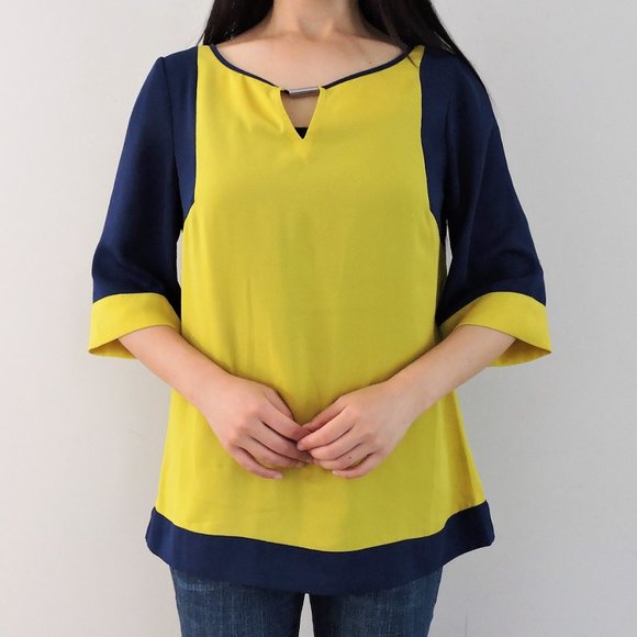 Banana Republic Bright Yellow/Blue Colour-Block Loose Fitting Blouse, Size S - Picture 4 of 11